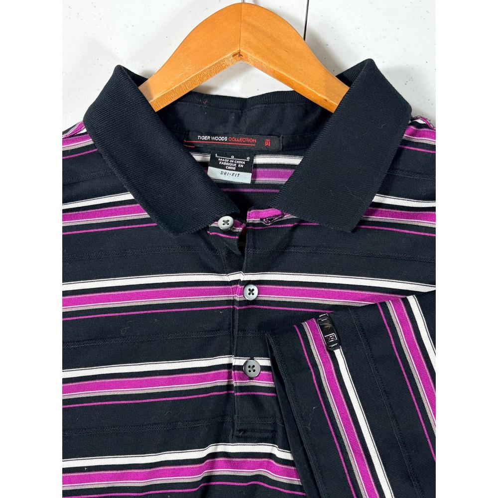Tiger Woods Collection Nike Golf Polo Mens L Black Purple Striped TW Vintage